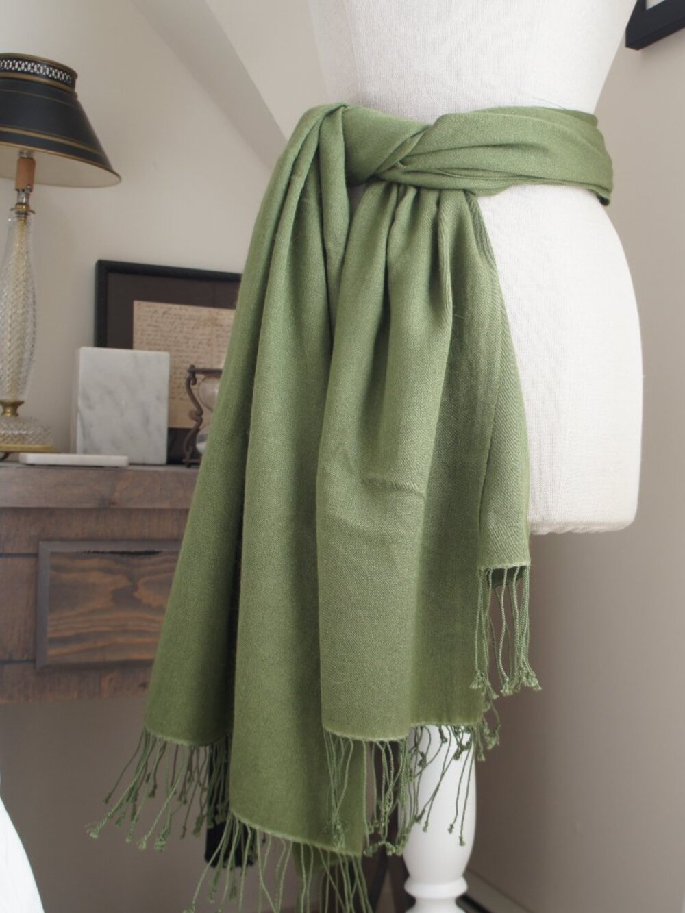 Large Vintage Olive Green Pashmina & Silk Scarf Shawl - Picture 2 of 15